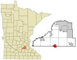 Location of the city of New Praguewithin Scott and Le Sueur Countiesin the state of Minnesota
