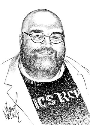 A black-and-white drawing of Spurgeon smiling