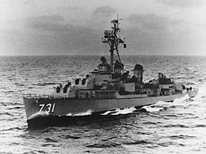 USS Maddox (DD-731) underway at sea, circa the early 1960s (NH 97900)