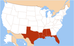 States that border the Gulf of Mexico are shown in red.