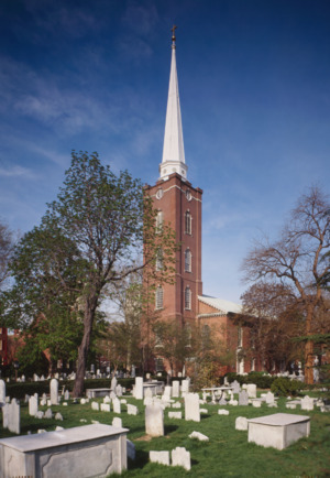 VIEW OF WEST ELEVATION AND SPIRE - St. Peter's Protestant Episcopal Church, Third and Pine Streets, Philadelphia, Philadelphia County, PA HABS PA,51-PHILA,108-14 (CT)