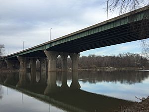 2015-12-08 14 07 24 View northeast towards the American Legion Memorial Bridge (Interstate 495) connecting Montgomery County, Maryland and Fairfax County, Virginia from the south bank of the Potomac River.jpg