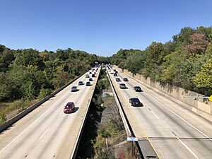 2022-10-07 13 35 14 View north along Interstate 476 (Mid-County Expressway-"Blue Route") from the overpass for Pennsylvania State Route 320 (Chester Road) in Springfield Township, Delaware County, Pennsylvania