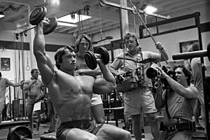 Arnold Schwarzenegger being filmed for Pumping Iron
