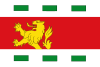 A flag divided in three horizontal bands. The red center band is wider and contains the top half of a gold lion rampant on the left. The top and bottom white bands contain three equally spaced green rectangles each.