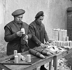 British gunners load propaganda leaflets into shells Holland 24-01-1945 IWM B 14123