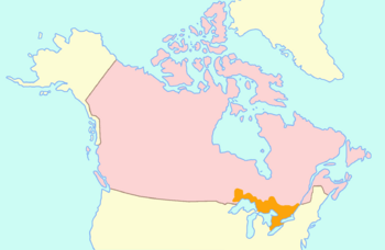 Map of Upper Canada (in orange) with 21st-century Canada (in pink) surrounding it