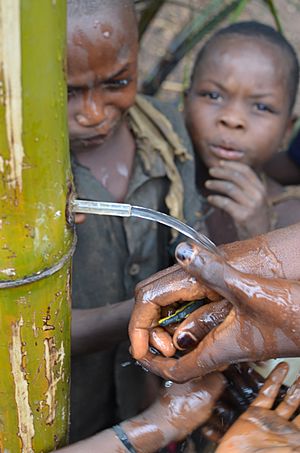 Children in Kasai Orientale, DR Congo, washing hands using a low-tech water system (8380385520)