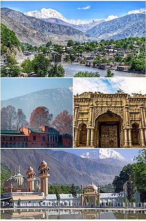 Clockwise from top: view of Chitral valley and snowcapped peak of Tirich Mir, Chitral's Shahi Qilla, Shahi Mosque, Chitral Fort