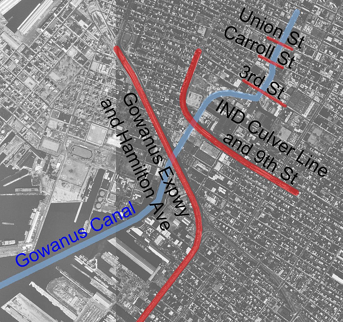 The outside Artyard, in the center is the empty block on the left side of the Gowanus Canal (blue line), directly above the large building adjacent to 9th Street (bottom center), and west of the IND Culver Line viaduct (red line).