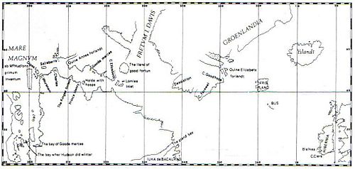 Henry Hudson's map depicting location of Digges Islands in the far west.