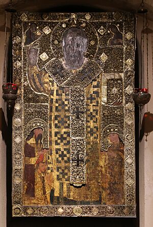 Icona di san nicola tra maria, gesù e i donatori, donata nel 1319 dai re di serbia