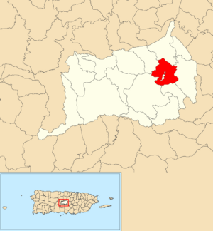 Location of Orocovis within the municipality of Orocovis shown in red