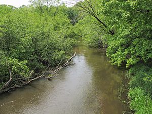 A landscape photograph showing the Pigeon River in a wooded setting in Hemlock Crossing Park in Port Sheldon Township, Michigan