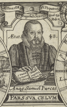 Portrait of Samuel Purchas - Purchas his Pilgrimes - engraved title page dated 1624