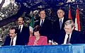 President Bush, Canadian Prime Minister Brian Mulroney and Mexican President Carlos Salinas participate in the... - NARA - 186460