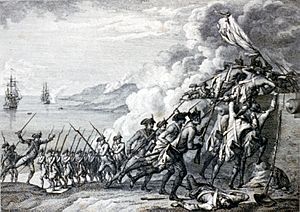 Battle scene with French soldiers from frigates firing on the British garrison