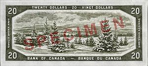 Reverse of $20 banknote, Canada 1954 Series, "Devil's Head" printing