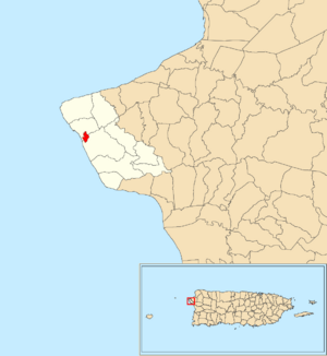 Location of Rincón barrio-pueblo within the municipality of Rincón shown in red