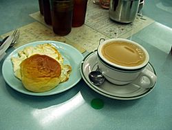 Typical breakfast of Cha Chaan Teng with Hong Kong style Milk Tea
