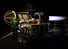 US Navy 070804-N-1745W-122 A Sailor assigned to Aircraft Intermediate Maintenance Department (AIMD) tests an aircraft jet engine for defects while performing Jet Engine Test Instrumentation, (JETI) Certification-Engine Runs