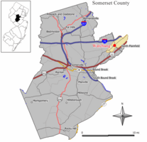 Map of Watchung in Somerset County. Inset: Location of Somerset County highlighted in the State of New Jersey.