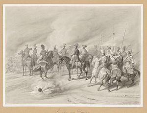 A group of officers during the Battle of Ferozeshah. Lithograph after an original sketch by Prince Waldemar of Prussia and published in 'In Memory of the Travels of Prince Waldemar of Prussia to India 1844-1846' (Vol.II)