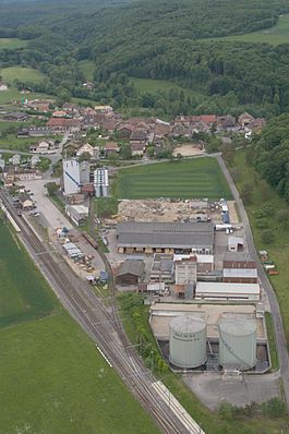 Aerial view of the Croy-Romainmôtier train station and sawmill