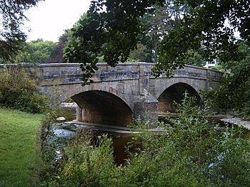 A three-arch bridge spanning a river, surrounded by trees