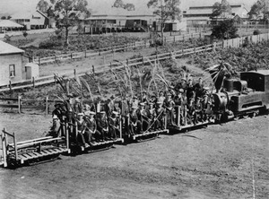 British sailors on board a cane train at Nambour Queensland ca. 1910f