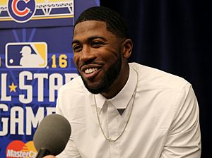 Cubs outfielder Dexter Fowler talks to reporters at 2016 All-Star Game availability. (28482589546)