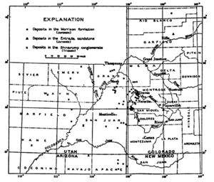 General distribution of carnotite-bearing deposits in Four Corners region, 1952