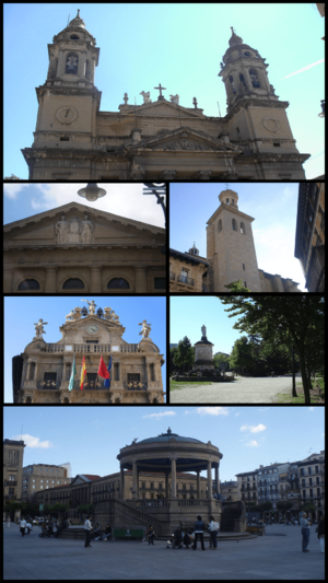 Top: Cathedral of Royal Saint Mary; second left: Navarra Palace; second right: San Saturnino Church; third left: Pamplona City Hall; third right: Monument of Julian Gayarre in Taconera Park; Bottom: Castle Square