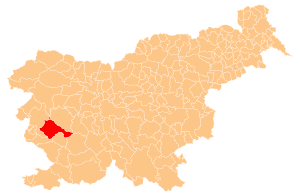 Map showing, in red, Ajdovščina