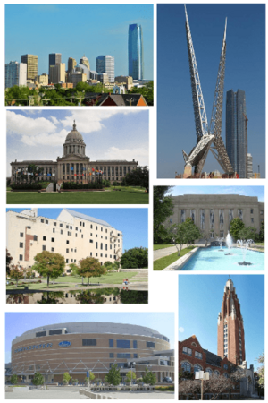 From top left to clockwise: Downtown skyline, SkyDance Pedestrian Bridge, City Hall, Gold Star Memorial Building, Chesapeake Energy Arena, Oklahoma City National Memorial, state capitol.