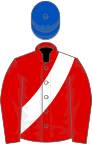 Red, white sash, royal blue cap