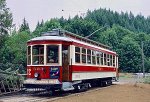 Portland "Council Crest" Brill streetcar 503 at terminus of Trolley Park museum line in 1986