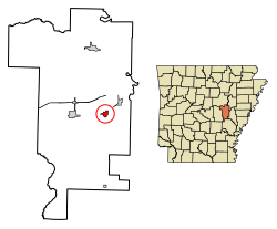 Location of De Valls Bluff in Prairie County, Arkansas.