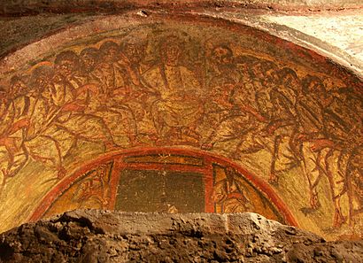 Rom, Domitilla-Katakomben, Fresko "Christus und die 12 Apostel" und Christussymbol "Chi Rho" 1