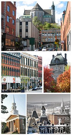 From top, left to right: Downtown Sherbrooke, Wellington Street, Sherbrooke City Hall, Plymouth-Trinity United Church, clocktower at the Sherbrooke History Museum