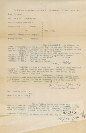 A Very Early Typewritten Letter as Part of a Court Case in the Utah Territory, dated 1886