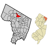 Map highlighting Woodcliff Lake's location within Bergen County. Inset: Bergen County's location within New Jersey.