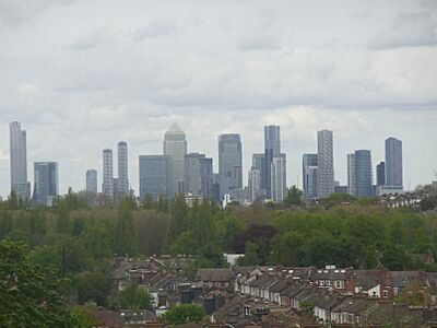 Canary Wharf from Blythe Hill Fields, LB Lewisham 9 May 2021