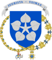Coat of arms of Sauli Niinistö, 12th president of Finland as Knight of the Royal Order of the Seraphim and the Royal Order of the Elephant