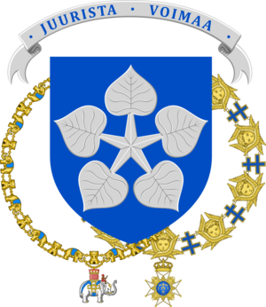Coat of arms of Sauli Niinistö, 12th president of Finland as Knight of the Royal Order of the Seraphim and the Royal Order of the Elephant.png