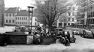 Danish resistance fighters injured during fighting with German troops in Aarhus, Bispetorv, 5 May, 1945