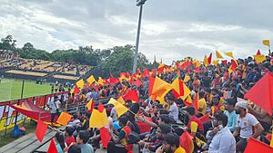 Fans being crazy during a Calcutta Football League match between East Bengal FC reserves and Eastern Railway FC at the East Bengal–Aryan Ground in Kolkata, West Bengal, photographed by Yogabrata Chakraborty, on July 27, 2023
