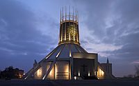Liverpool Metropolitan Cathedral at dusk (reduced grain), corrected perspective