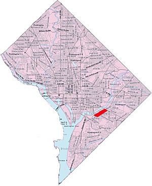 Map of Washington, D.C., with the Fairlawn neighborhood highlighted in red