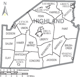 Map of Highland County Ohio With Municipal and Township Labels